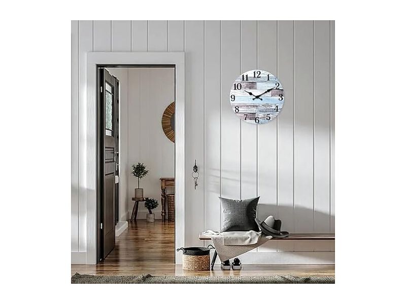 Blue Wood Farmhouse Rustic Mdf Solid Wall Clock 12 Inch Silent Battery Operated image number 1