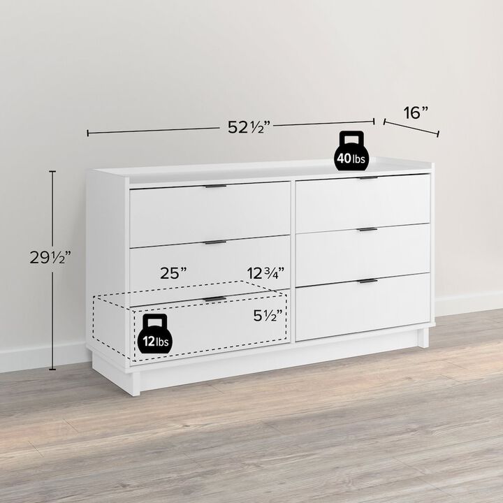 Prepac Simply Modern White 6 Drawer 52.5 W Dresser