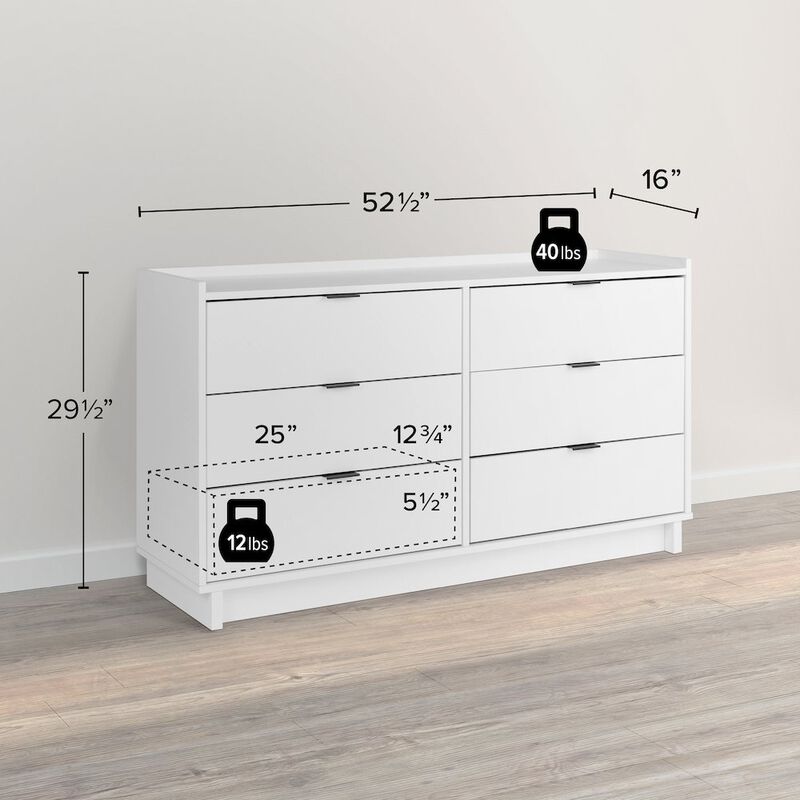 Prepac Simply Modern White 6 Drawer 52.5 W Dresser
