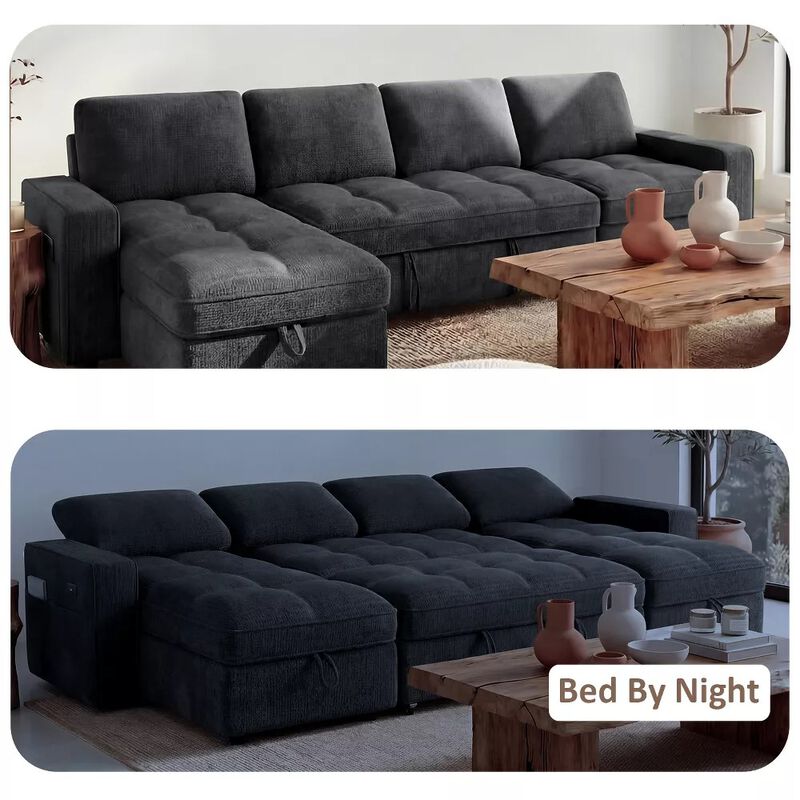 105" U-Shaped Sleeper Sofa Bed, Chenille Pull Out Couch with Reversible Storage Chaise, 5-Position image number 2