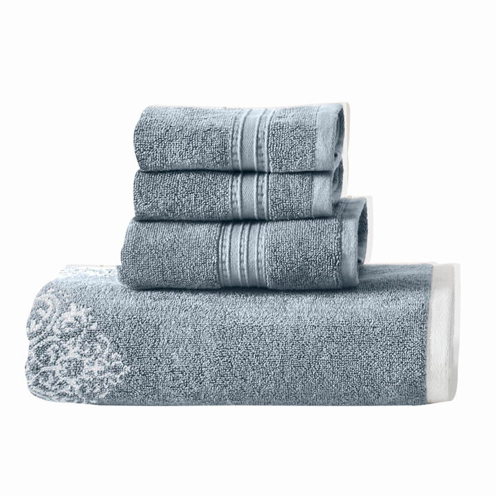 Eula Modern 6 Piece Cotton Towel Set, Stylish Damask Pattern, Slate Blue-Benzara