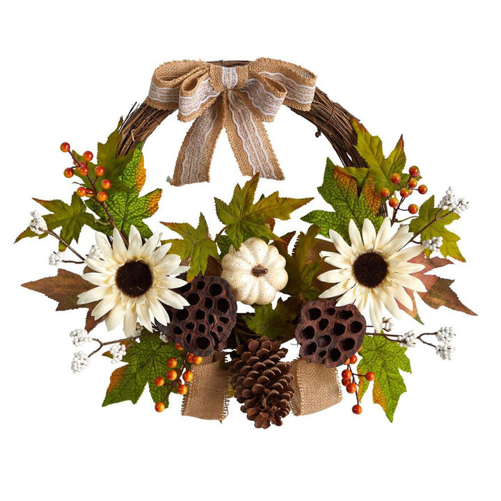 Nearly Natural 20-in Autumn Sunflower, White Pumpkin and Dried Lotus Pod Artificial Fall Wreath with Decorative Bow