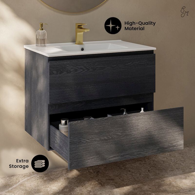 Liberte 30" Wall-Mounted Bathroom Vanity in Black Oak with Sink Top image number 2