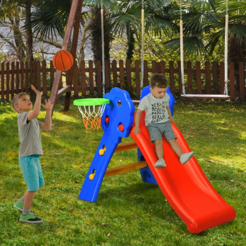 Hivvago 2 Step Indoors Kids Plastic Folding Slide with Basketball Hoop