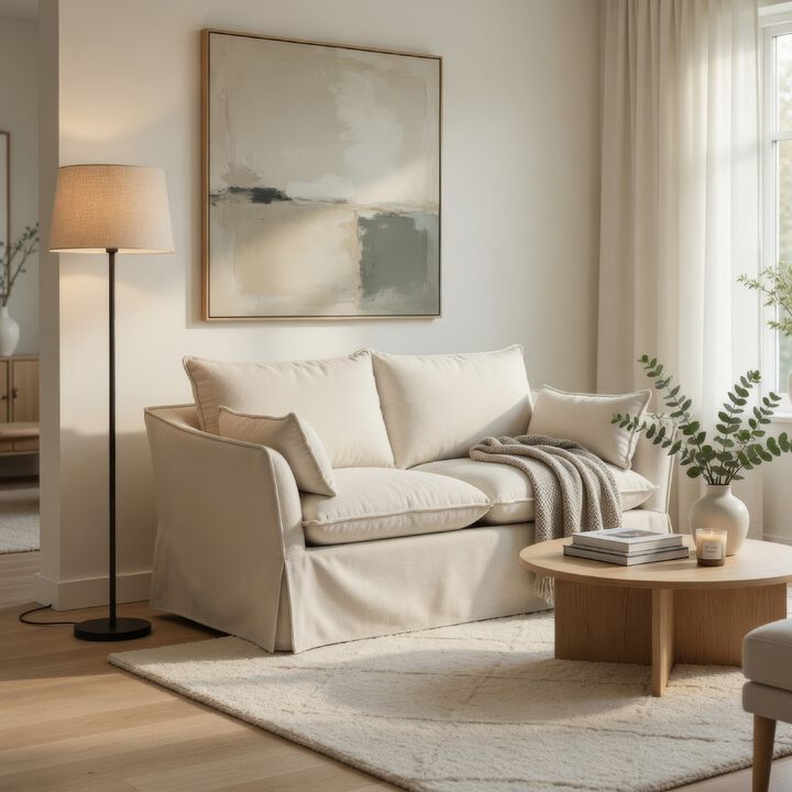 Seya Modern Loveseat with 2 Pillow, Beige Linen Plush Cushions, 58 Inch