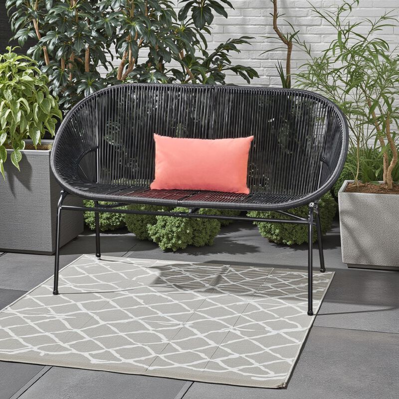 Remma Loveseat, Outdoor Rattan, Basket Woven, Black Iron Frame, 52 Inch - Benzara