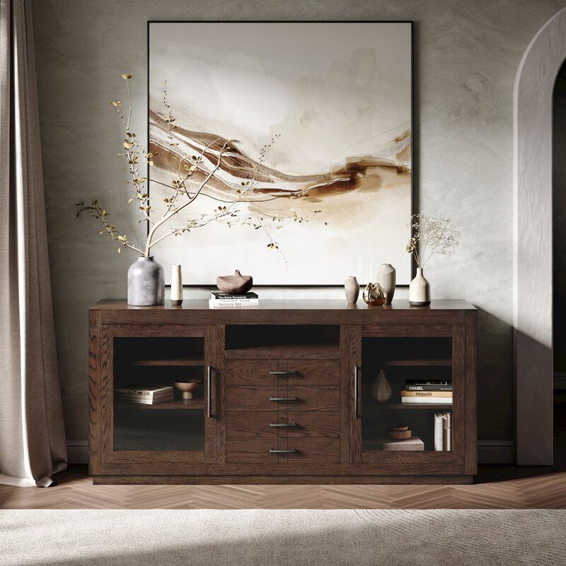 Jofran 70 Contemporary Media Console with Tempered Glass Doors, Drawers and Shelves