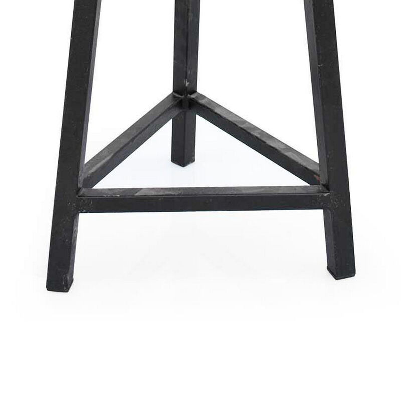 24 Inch Accent Stool, Hand Distressed Brown Wood Seat, Black Metal Frame-Benzara