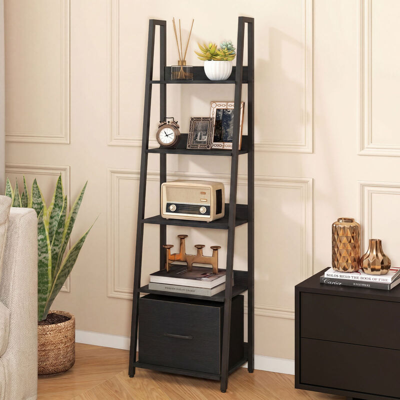 Modern 5-Tier Ladder Bookshelf with Fabric Storage Drawer image number 1