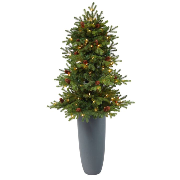 Nearly Natural 5-ft Yukon Fir Xmas Tree with 100 Lights in Gray Planter