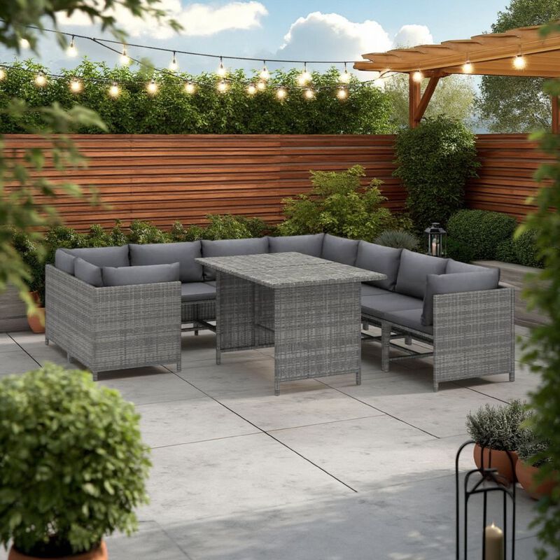 Avio 9pc Outdoor Modular Sofa Set, Square Coffee Table, Gray Rattan - Benzara