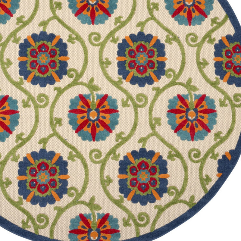HomeRoots 8' Navy Blue Beige Green Blue And Red Round Floral Indoor Outdoor Area Rug image number 4