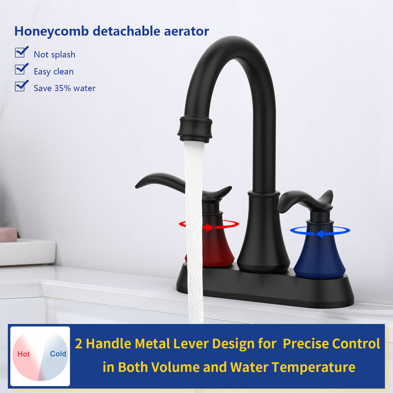 2-Handle Matte Black Vanity Sink Faucet with High Arc 360° Rotating Spout