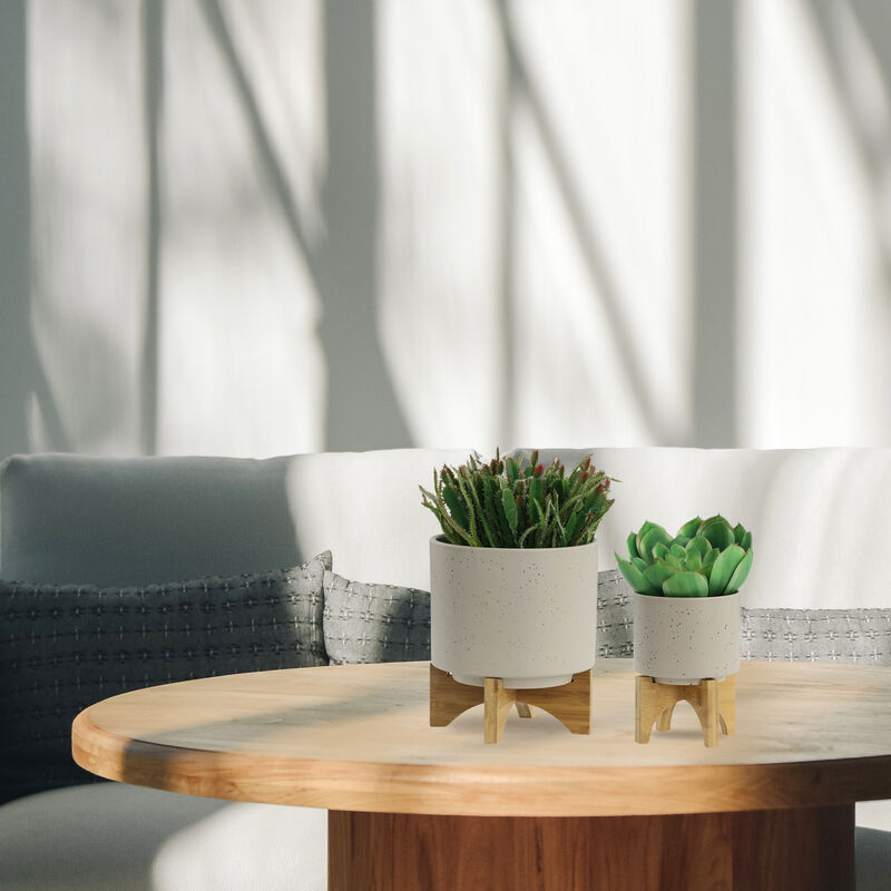 Planter with Wood Stand, Matte Beige Set