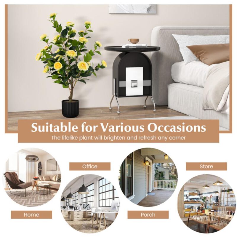 Hivvago Artificial Camellia Tree Faux Flower Plant in Cement Pot 2 Pack