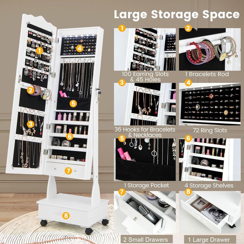Rolling Lockable Jewelry Cabinet with Full-Length Mirror, LED Lights, Adjustable Angle and Bottom Drawer image number 5