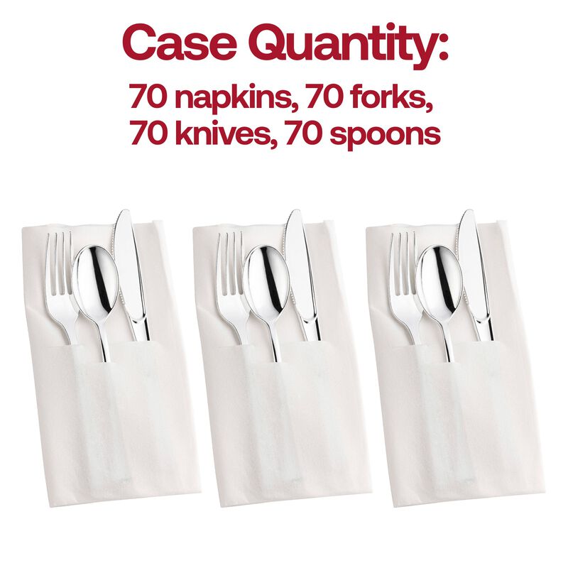 Silver Plastic Cutlery in White Pocket Napkin Set (70 Sets) image number 3
