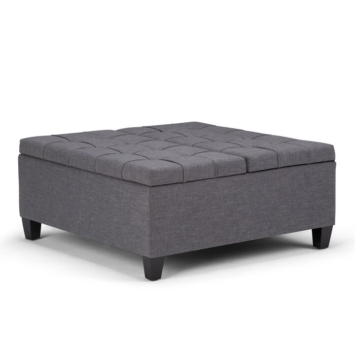 Harrison 36 inch Wide Transitional Square Coffee Table Storage Ottoman in Slate Grey Linen Look Fabric, Assembled