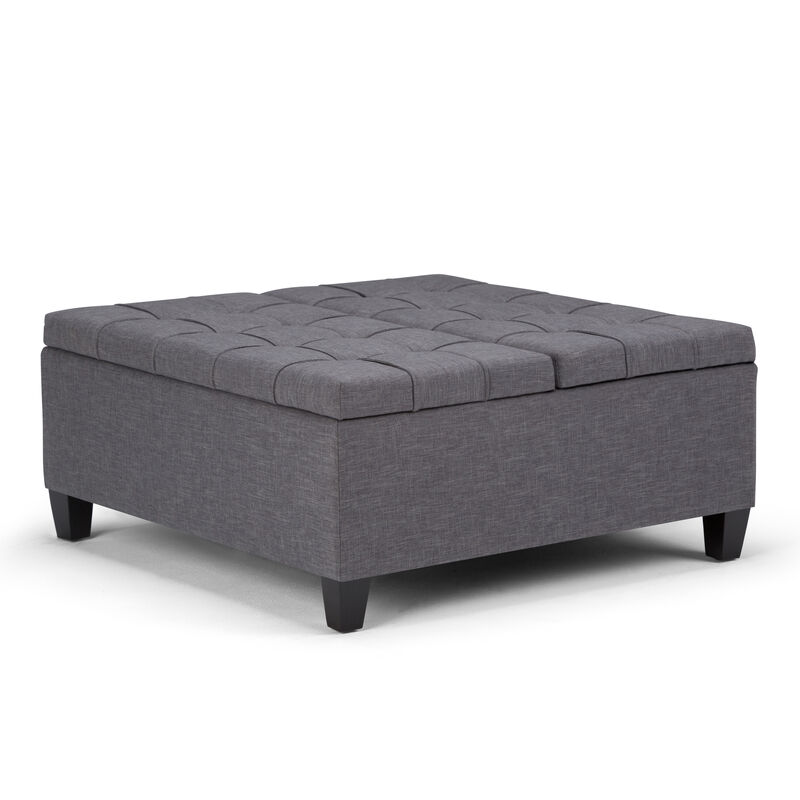 Harrison 36 inch Wide Transitional Square Coffee Table Storage Ottoman in Slate Grey Linen Look Fabric, Assembled image number 0