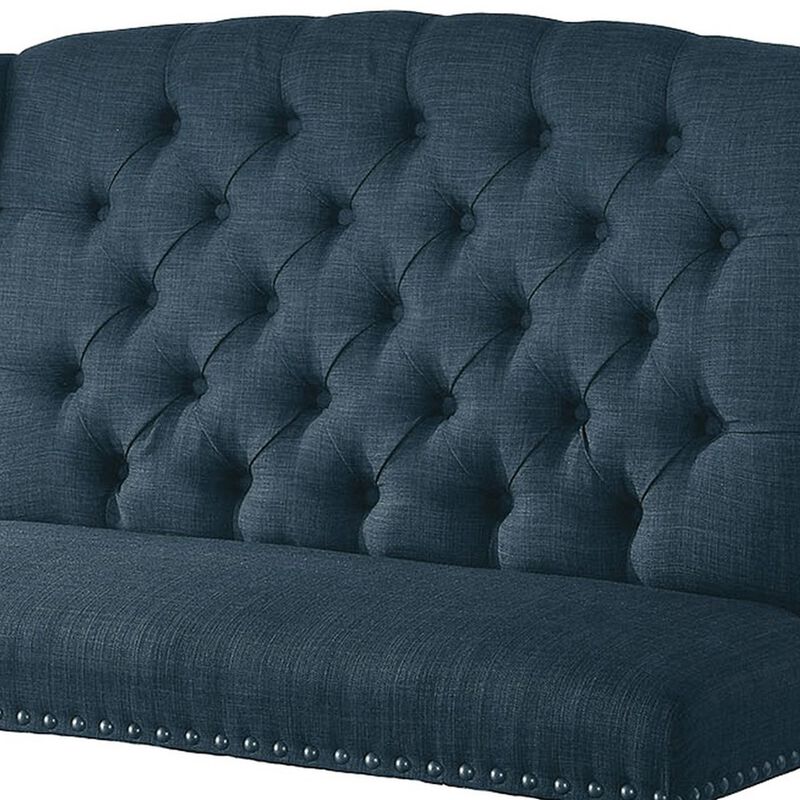 48 Inch Classic Loveseat Bench, 2 Seater, Linen, Tufted, Nailhead, Blue-Benzara