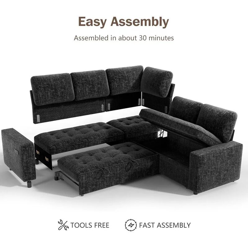 Vipbear 79" 5-Seat L-Shaped Sectional Sleeper Sofa Bed, Chenille Pull-Out Couch with Backrest image number 8