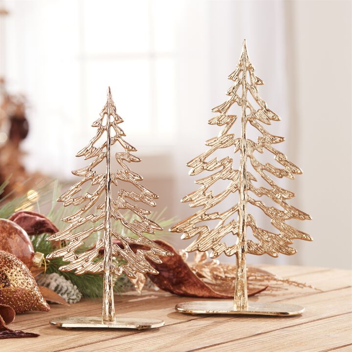 Set of 2 Metal Holiday Trees with Wooden Base &ndash; Minimalist Christmas Tabletop Decor for Mantel or Shelf