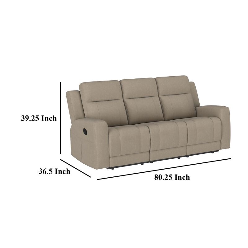 Krio Manual Recliner Sofa, 80 Inch Modern Taupe Brown Faux Leather - Benzara