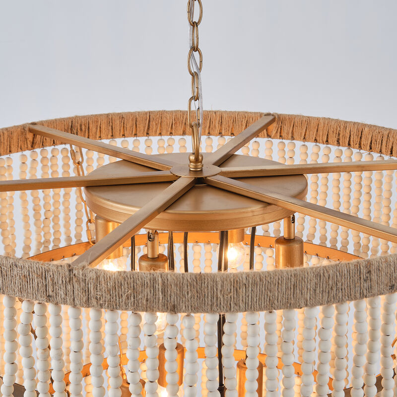 32 in. 9-Light Bohemian Off-White 5-Tier Round Fringe Chandelier