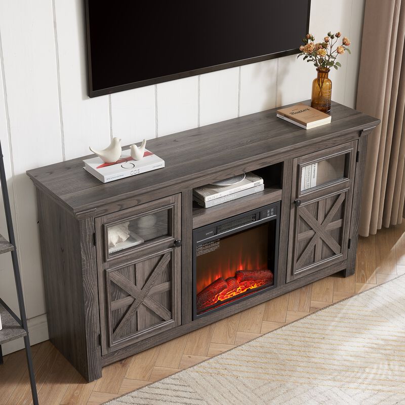 Mondawe Modern Farmhouse TV Media Stand With 18 Inch Fireplace, Two Door Cabinet Farmhouse TV Stand