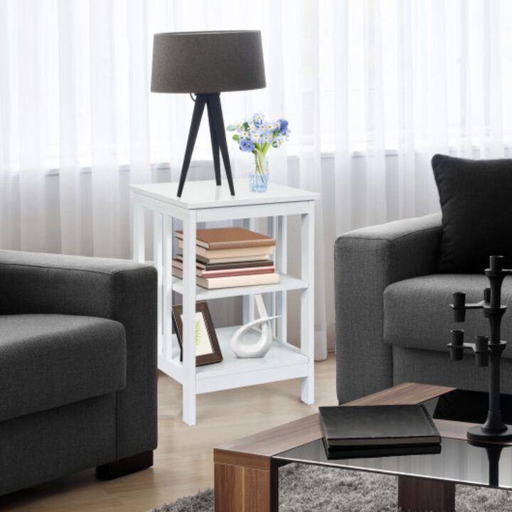 3-Tier Nightstand Sofa Side Table with Baffles and Round Corners-White