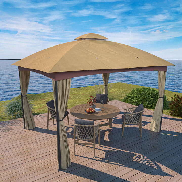 MONDAWE 10 x 12 ft Soft Top Outdoor Patio Gazebo Tent Canopy with Included Curtains Ventilated Double Roof, Beige