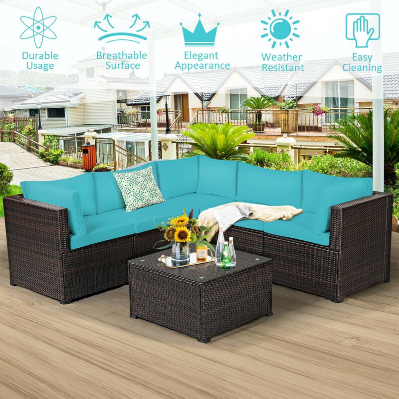 6 Pieces Patio Rattan Furniture Set Sectional Cushioned Sofa Deck image number 4