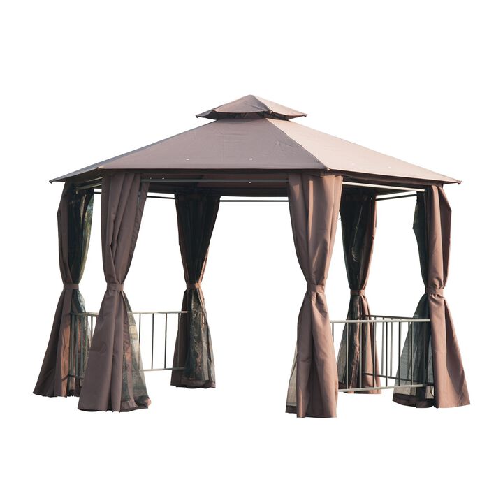 13' x 13' Party Tent, 2 Tier Outdoor Hexagon Patio Canopy, Curtains, Double Vented Roof Gazebo, UV and Water Protection for Weddings, Coffee
