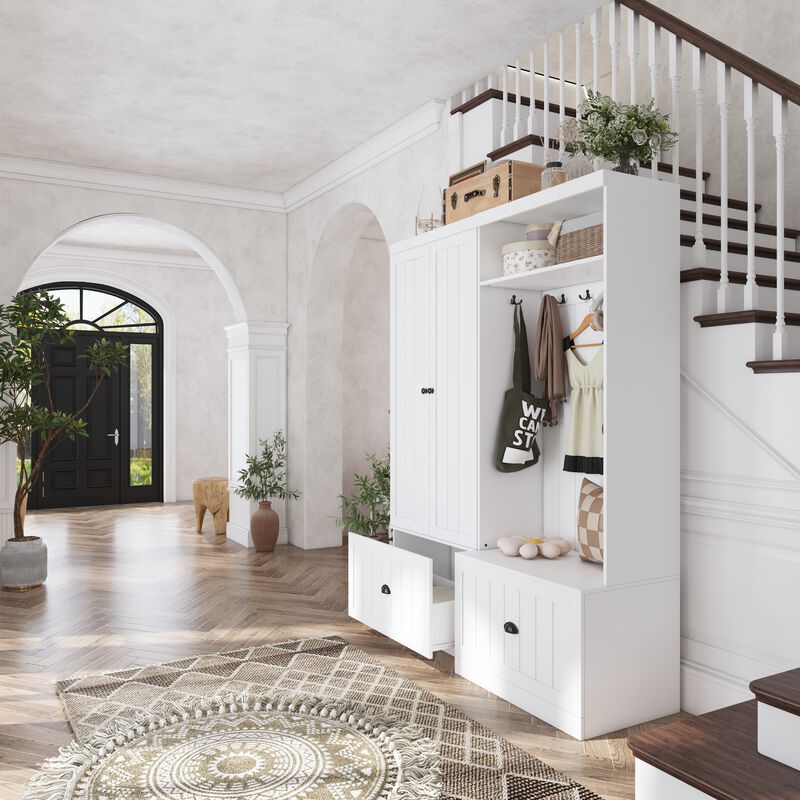 FUFU&GAGA White Hybrid Storage Wardrobe with Concealed Cabinet & Open Hanging, Dual Doors, Drawers, Shelf & Hooks (55.3" W x 17.7" D x 70.9" H)