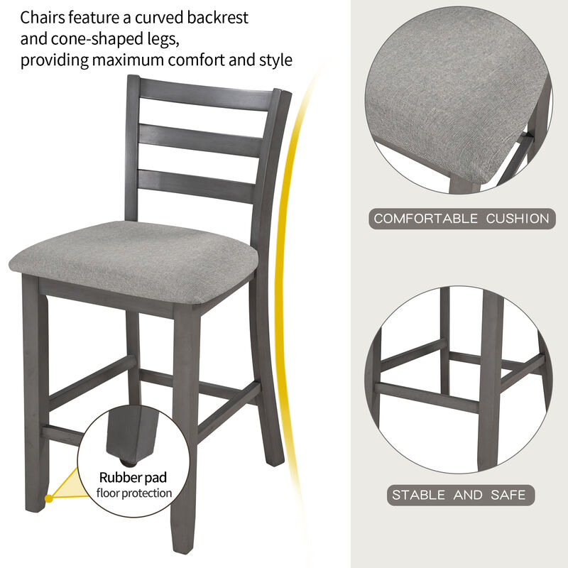 Whisen 5-Piece Wooden Counter Height Dining Set with Padded Chairs and Storage Shelving - Gray