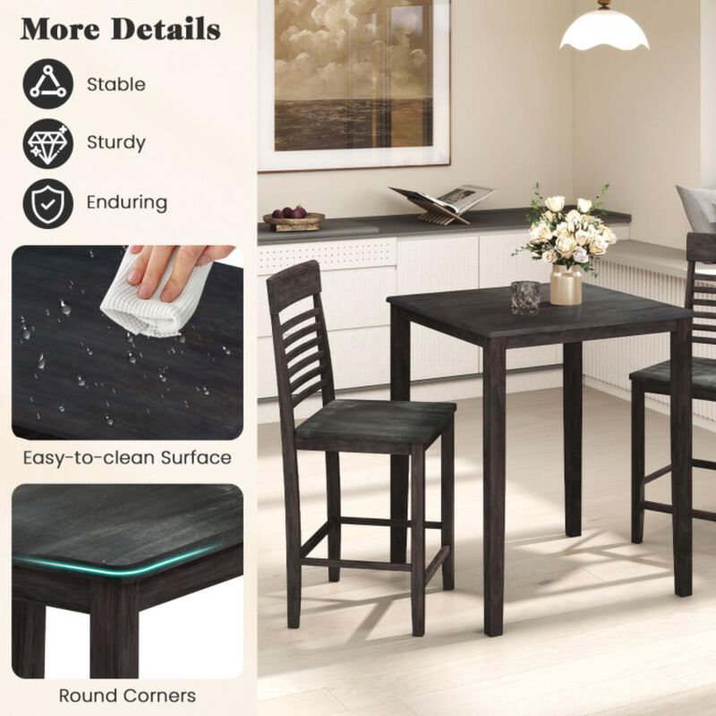 Hivvago 3-Piece Counter-Height Dining Table Set for 2 with Rubber Wood Frame and Footrest