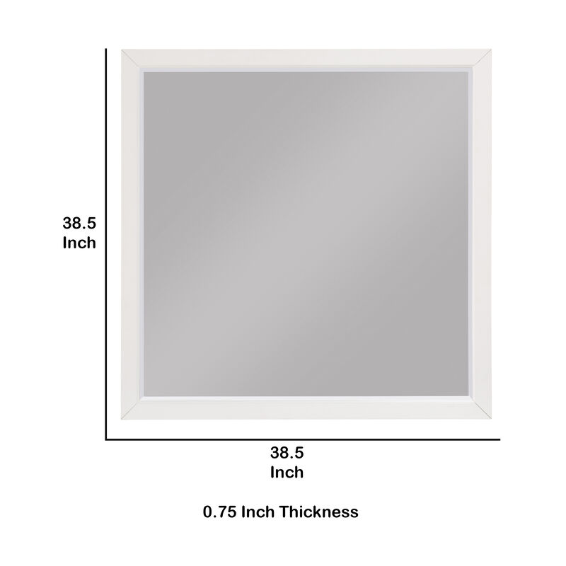 Transitional Style Square Wooden Frame Mirror, White - Benzara
