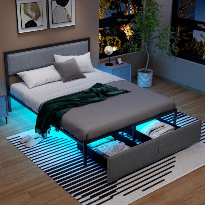Hivvago Bed Frame with LED Lights Drawer and Metal Slats