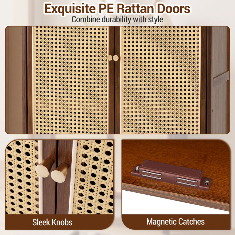 5-Tier Bamboo Shoe Cabinet with Woven Rattan Doors and Sliding Doors for Entryway image number 7