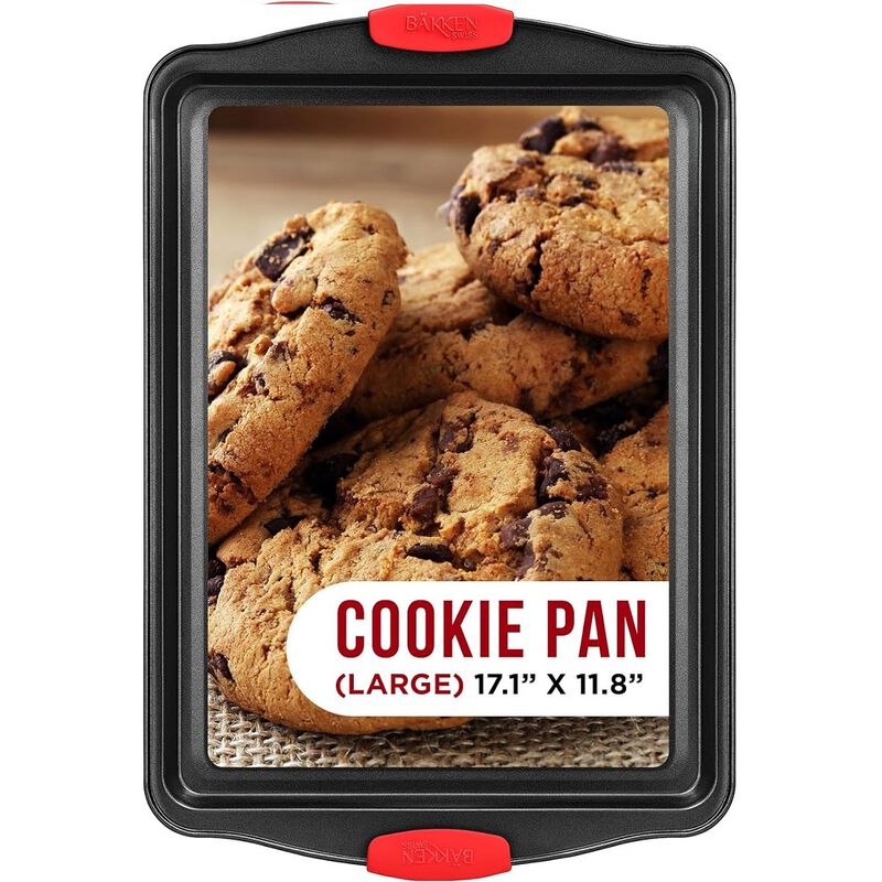 Nonstick Cookie Sheet Pan Carbon Steel Oven Tray Sheet Pan with Red Silicone Handles - Bakeware Pan Tray with Gray Coating Inside & Outside