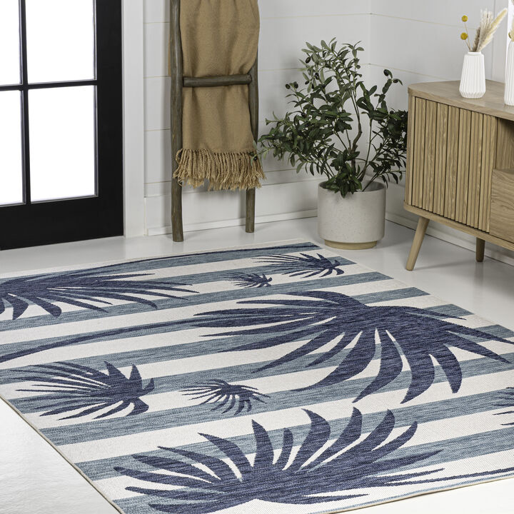 Veronica Classic Beach Stripe and Palm Leaf Indoor/Outdoor Area Rug