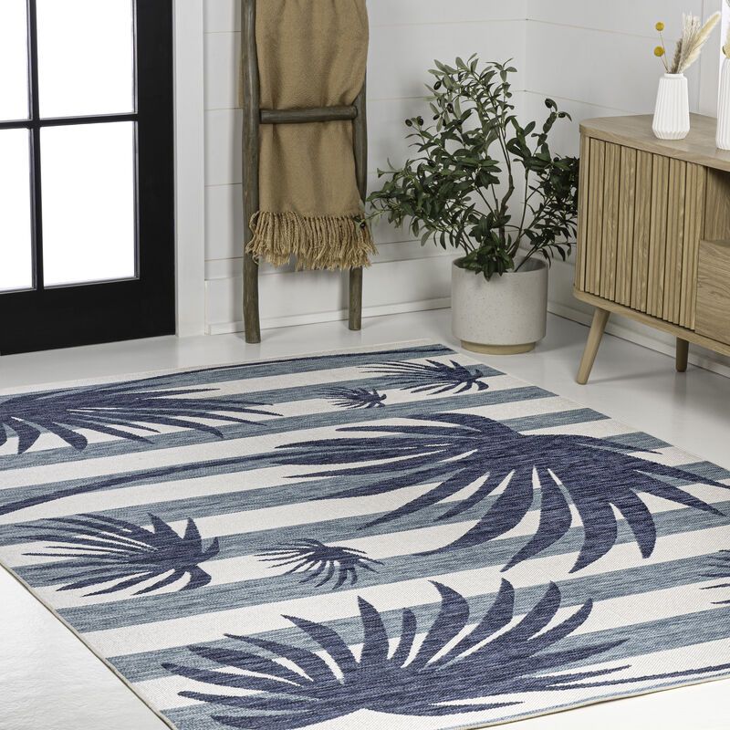 Veronica Classic Beach Stripe and Palm Leaf Indoor/Outdoor Area Rug