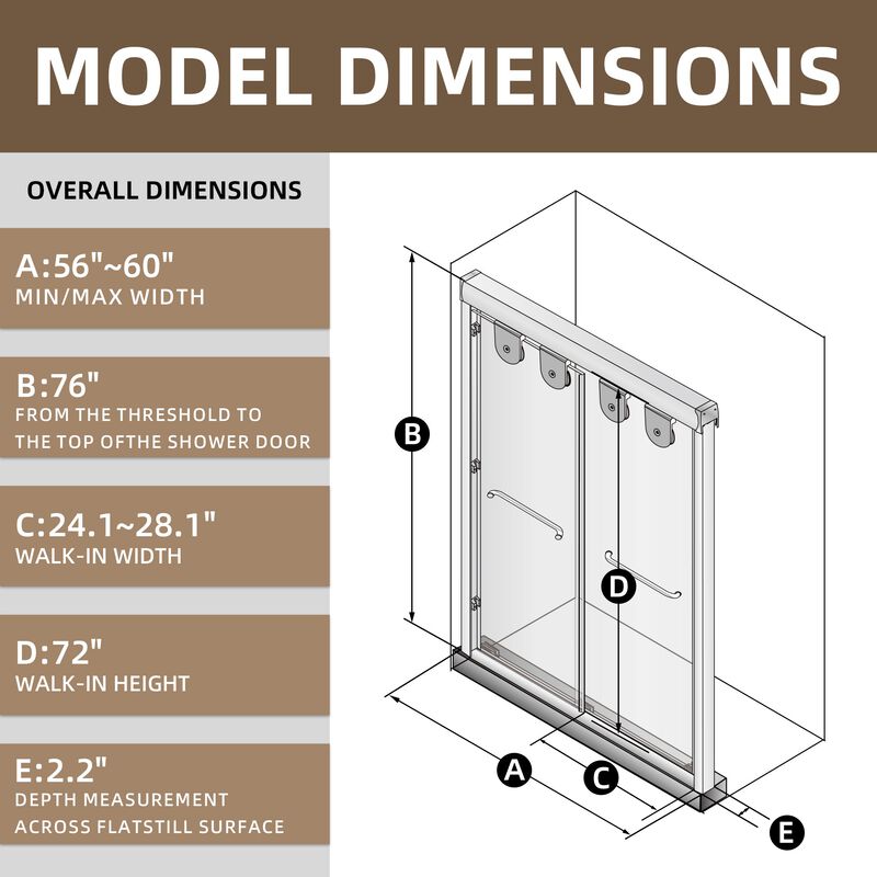 Heavy-Duty Aluminum Shower Door with Anti-Derailment Track, 60x76 Wide Adjustable