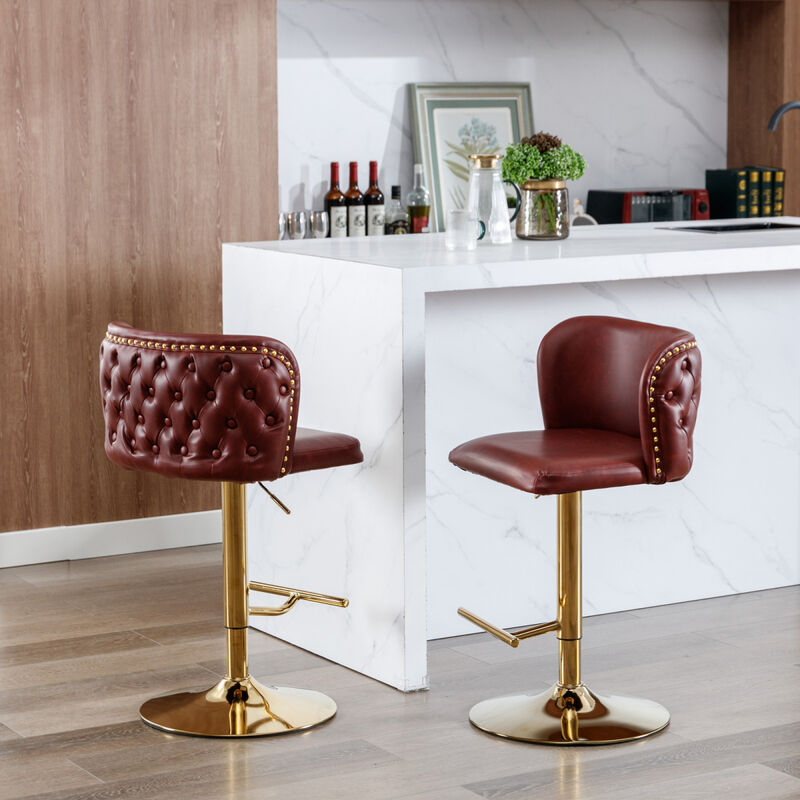 Swivel Bar Stools Adjustable Seat Height, Modern PU Upholstered Bar Stools with the whole Back Tufted, for Home Pub and Kitchen Island (Wine Red, Burgundy, Set of 2)