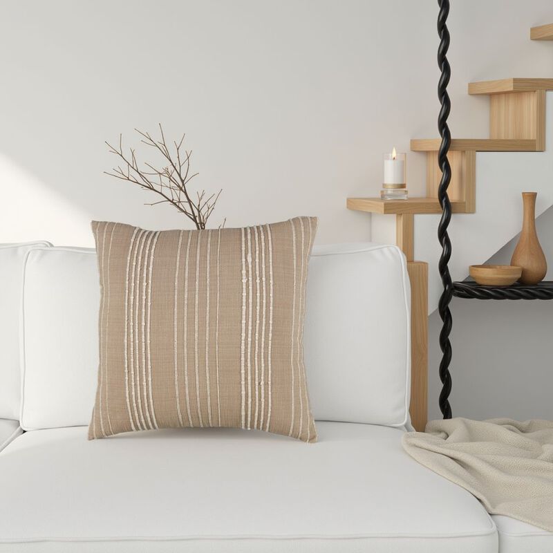 Square Accent Throw Pillow, 20 Inch, Striped Cotton, White, Tan Brown - Benzara