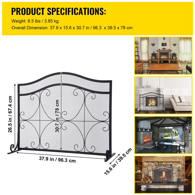 Iron Fireplace Screen with Spark Protection, Mesh Panel and Fireplace Accessories Set-Black image number 2