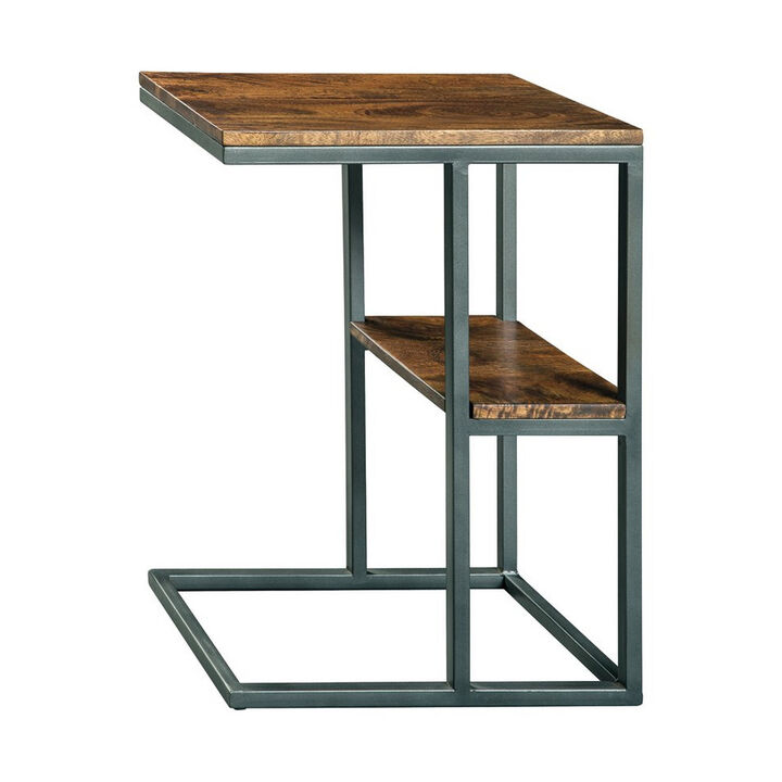 Wooden Top Accent Table with 1 Fixed Shelf and Metal Frame,Black and Brown