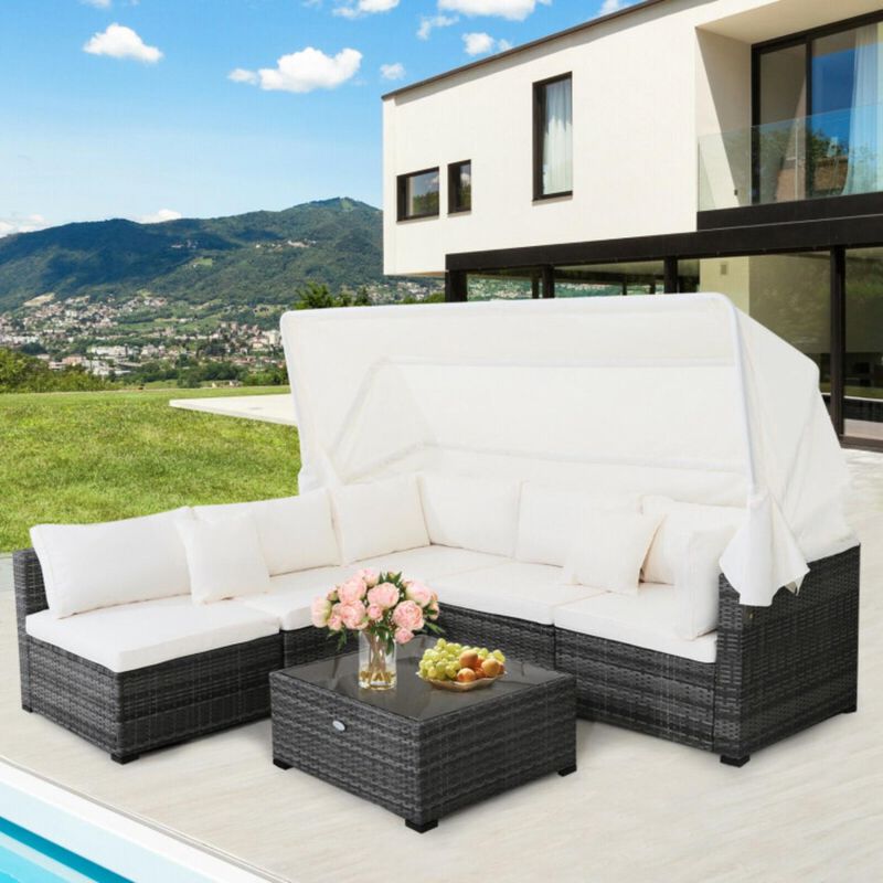 Hivvago 6 Pieces Patio Rattan Furniture Set with Retractable Canopy