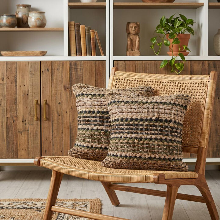 HomeRoots Set of Two 18" Brown and Dark Green Striped Cotton Blend Throw Pillows with Texture