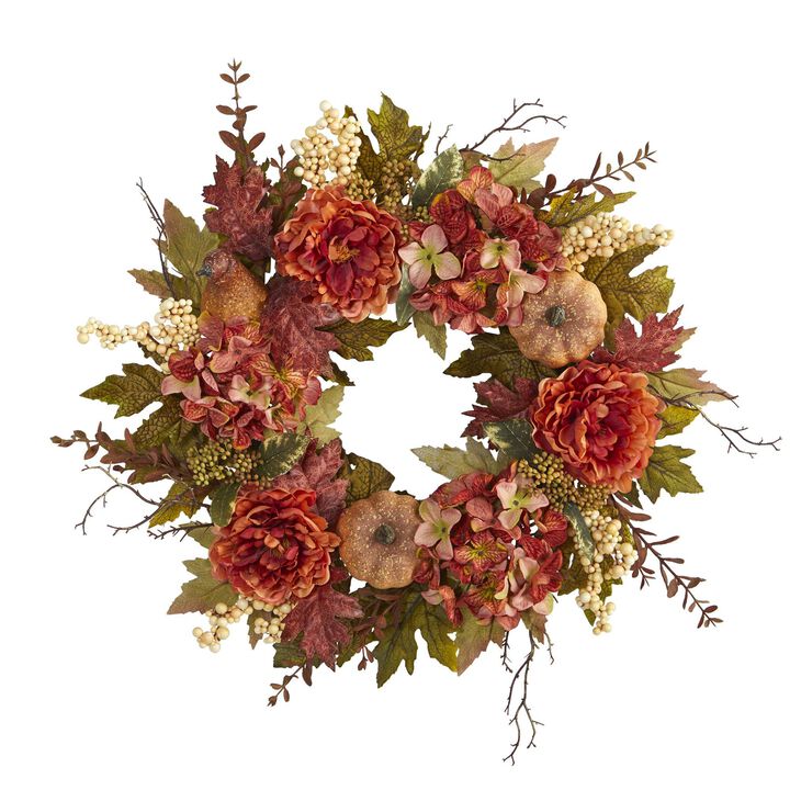 Nearly Natural 24-in Peony, Hydrangea and Pumpkin Fall Artificial Wreath